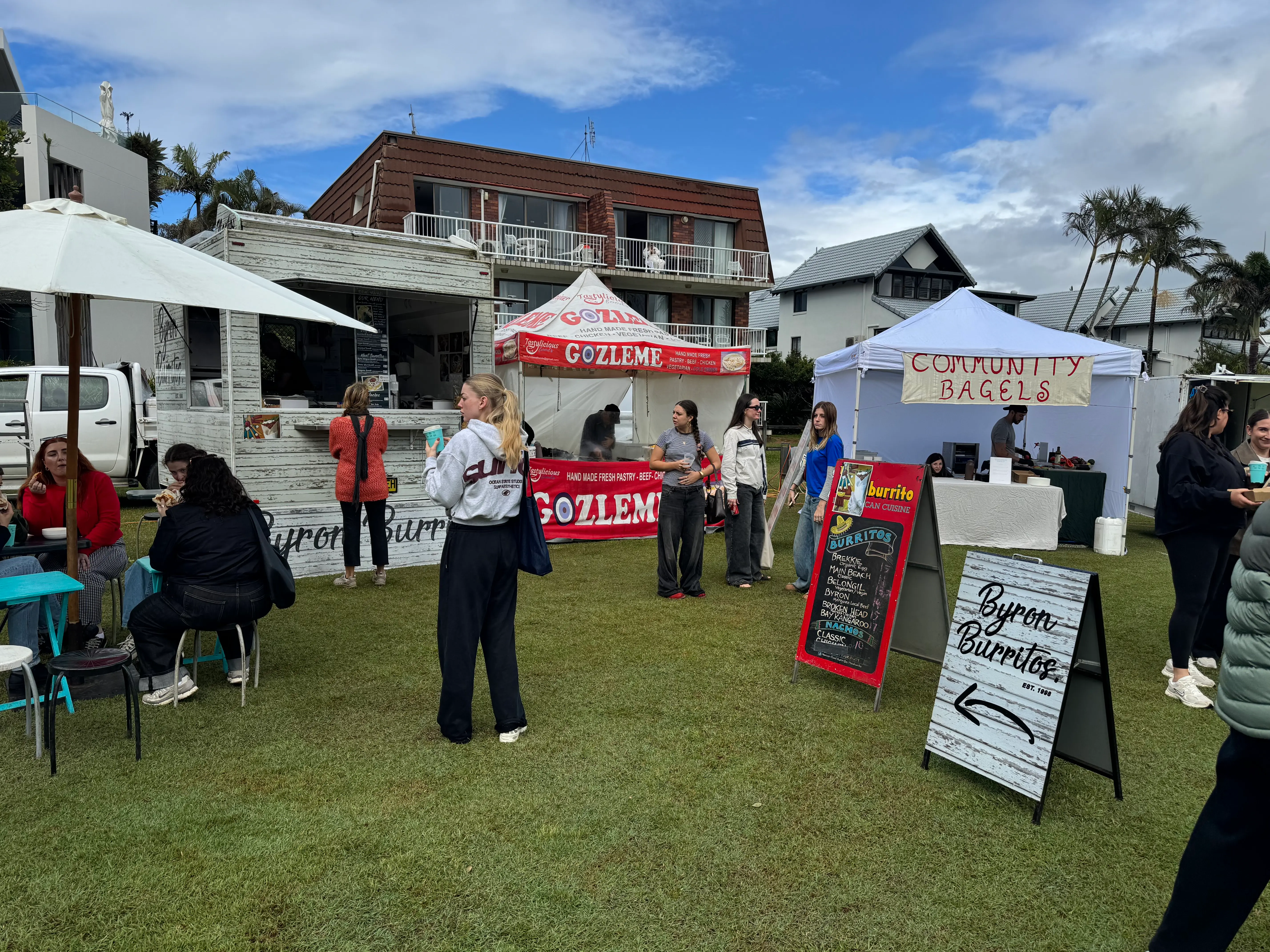 Byron Burritos and Community Bagels stalls at Byron Community Market