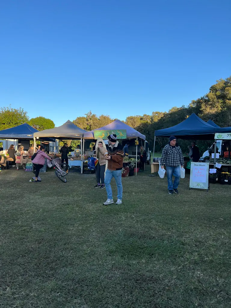 Shoppers walking between producer gazebos in the morning sun at the Byron Bay Farmers Market on Butler Street Reserve