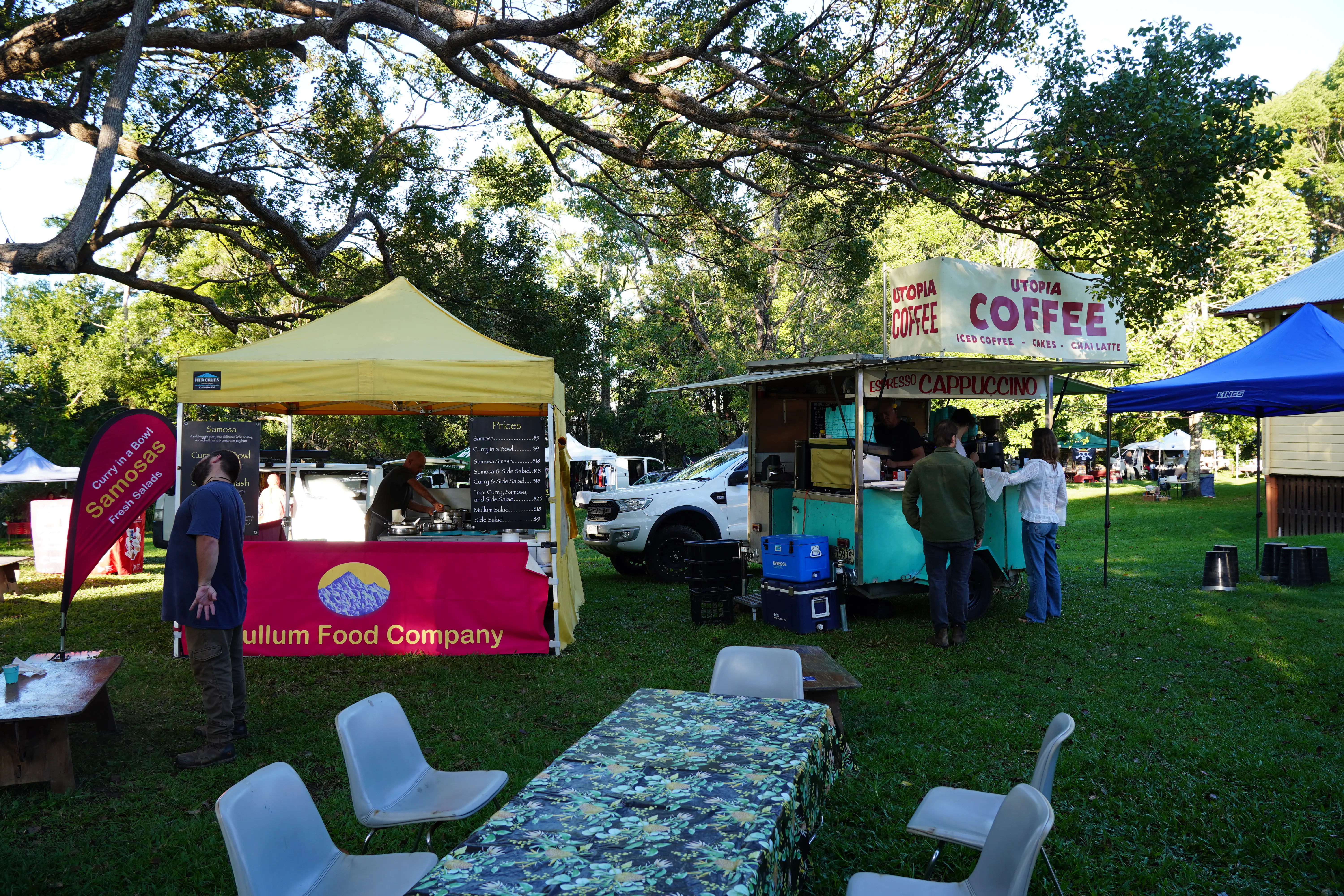 Utopia Coffee and Mullum Food Company stalls at Mullumbimby Community Markets