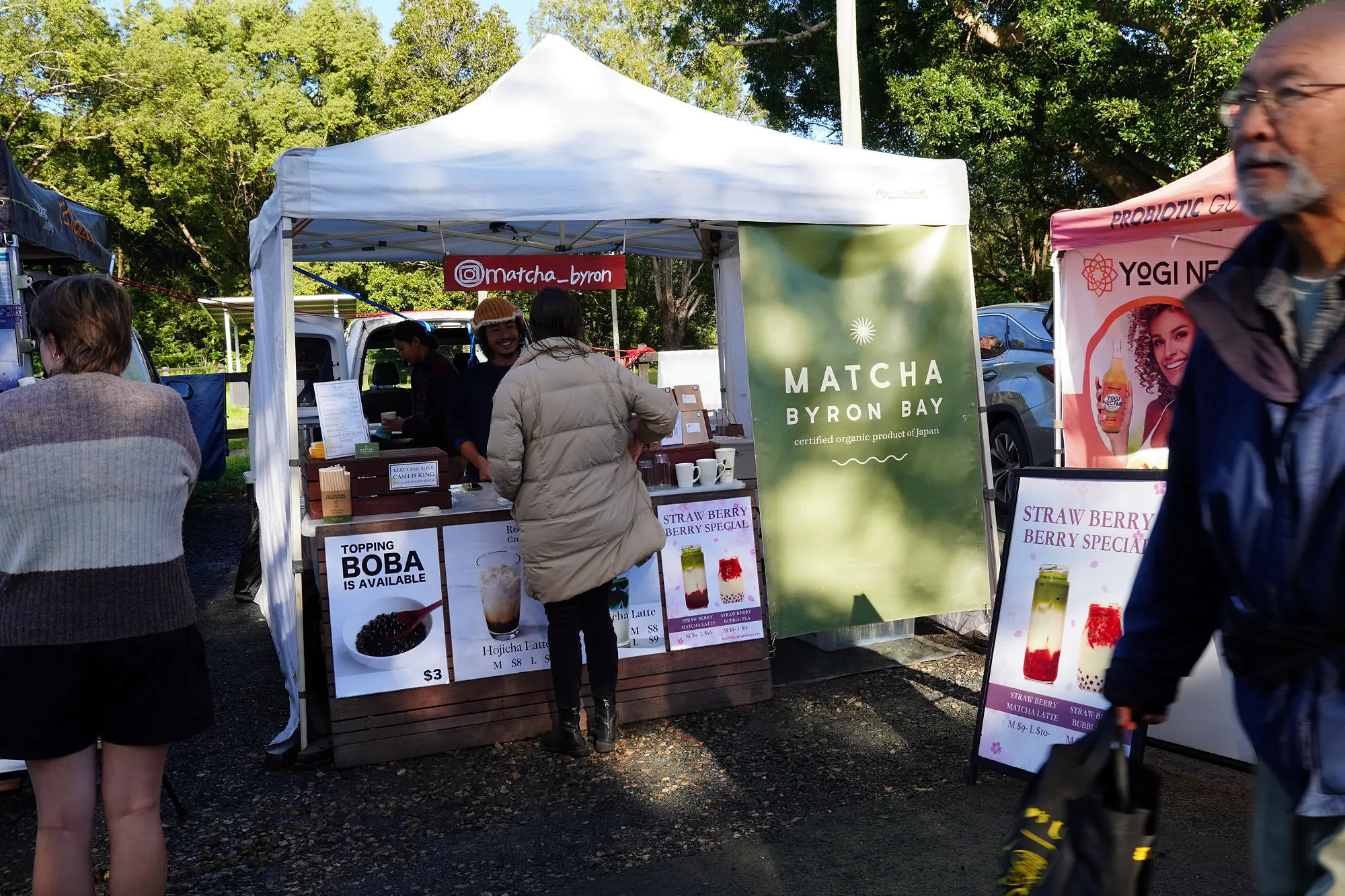 The Matcha Byron Bay stall serving certified organic matcha lattes and boba at the Mullumbimby Farmers Market